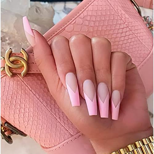 24PCS Press on Nails with Designs, Coffin Nails Extra Long Fake Nails with Glue, Long Acrylic Nails Tips Glue on Nails, Square False Nails for Women Pink v shape