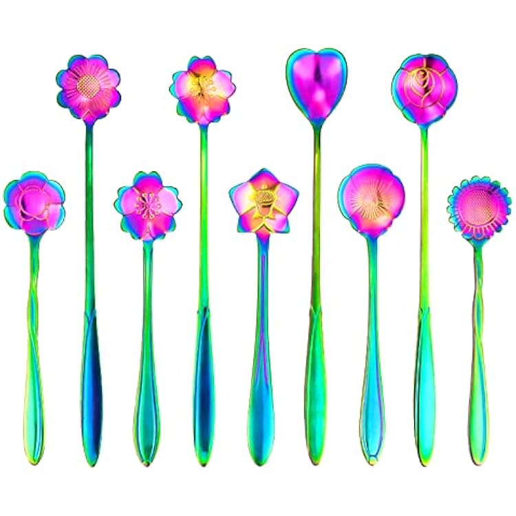 9 PCS Rainbow Flower Spoon Set, 2 Different Size Stainless Steel Reusable Teaspoons for Drink Mixing Milkshake Jam