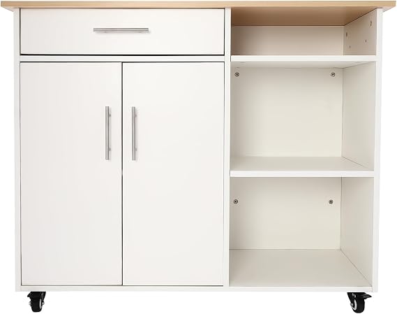 Kitchen Island Cart with Storage, Rolling Kitchen Island Side Table with 3-Tier Side Rack, Farmhouse Coffee Cart, Portable Islands for Kitchen, Living Dining Room, White