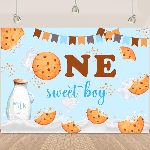 1st Birthday Backdrop Blue One Sweet Boy Birthday Backdrops for Photography Cookies Milk Bottle Boy First Background Decorations Supplies7x5Ft
