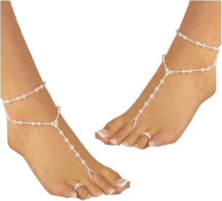 BeeSpring Pearl Anklet Barefoot Jewelry Sandals Beach Chain Toe Wedding Ankle Bracelet Elastic Hand and Foot Chain for Women (2 Sets)