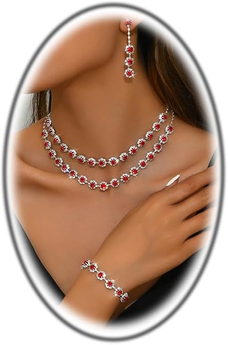 Rhinestone Prom Jewelry Set for Women Sparkly Crystal Necklace Earrings Bracelet Set Wedding Brides Bridesmaid Jewelry Sets Costume Accessories