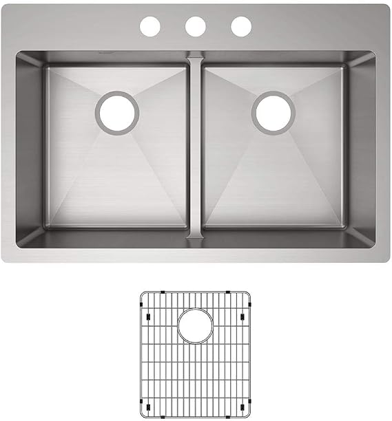 Elkay Crosstown ECTSRA33229TBG3 Equal Double Bowl Dual Mount Stainless Steel Kitchen Sink Kit with Aqua Divide