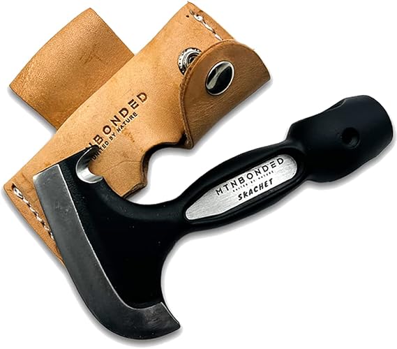 MTN Bonded Skachet Axe Head Skinner Hammer Hatchet Vintage Survival Tool - 3.5in Carbon Steel Blade Edge Bushcraft Axe - Genuine Leather Sheath, Belt Loop - Outdoor Survival Ax Skatchet EDC Multitool