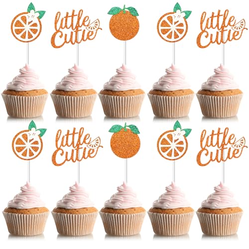Zonon 48 Pcs Baby Shower Little Cutie Glitter Cupcake Toppers Tangerine Theme Citrus Cake Topper Party Favors for Hey Little Cutie Birthday Fruit Cake Party Supplies