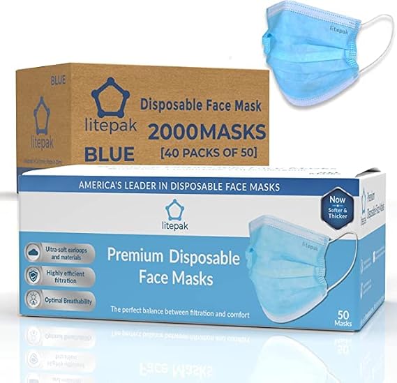 Litepak 2000pcs Disposable Face Masks Black 3-Ply Adult Mask Nose Wire Protection - Breathable Protective Face Covering