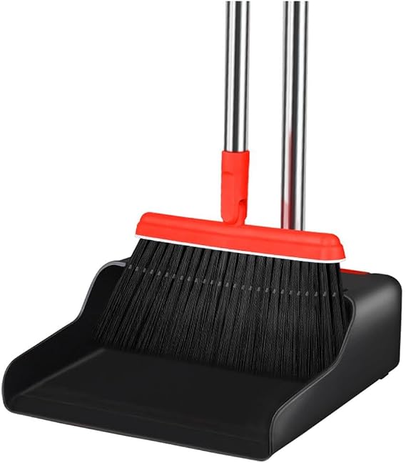 FGY Long Handle Broom and Dustpan Set 53" Broom with Upright Dustpan for Home Kitchen Office Cleaning (Black & Red)