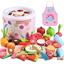 WHOHOLL 45 Pcs Wooden Play Food Toys for Kids Kitchen Playset, Play Kitchen Accessories with Apron, Pretend Cutting Food Montessori Toys Christmas Birthday Gifts for 3+ Year Old Girls Boys