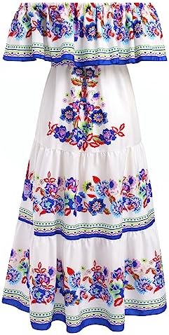 Women Mexican Dress Summer Floral Print Traditional Ethnic Wear Off Shoulder Beach Holiday Party Long Maxi Gowns