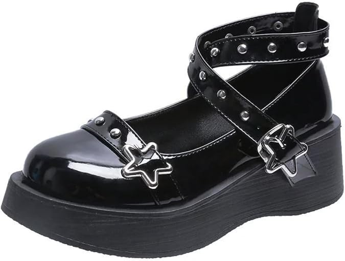 Women Lolita Shoes Heel Mary Jane Lace Pumps with Bow Kawaii Cute Cosplay Wedge Boots Cross Strap Block Heel Sweet Style