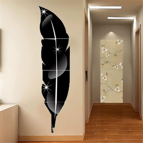 Feather Shaped Mirror Wall Stickers, Removable 3D Acrylic Mirror Wall Decor Stickers, Self Adhesive DIY Art Wall Decals, Home Wall Decorations for Living Room Bedroom Bathroom Hallway Office (Black)