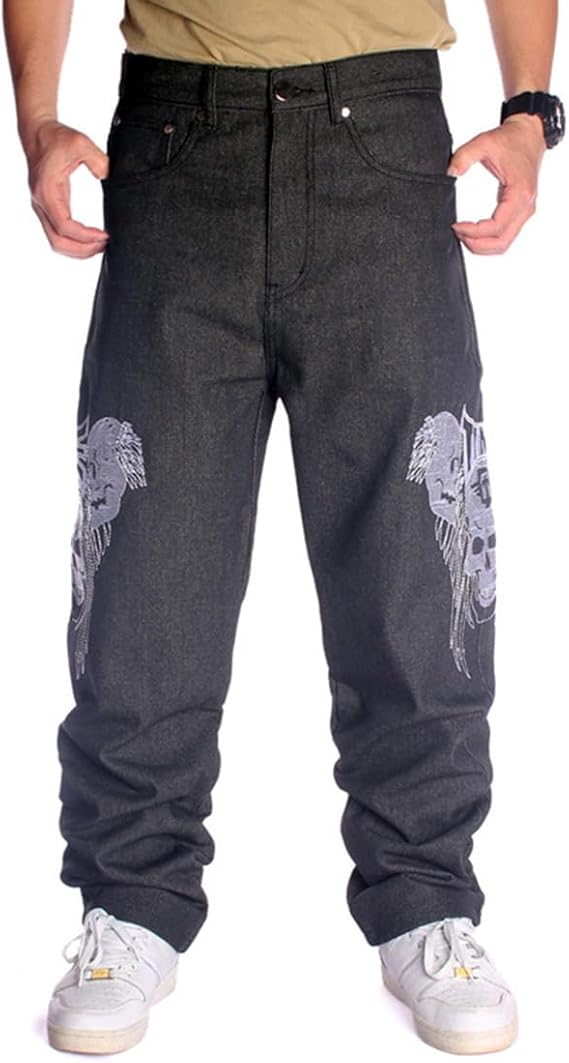 Ruiatoo Mens Jeans Fashion Skateboard Pants Snake Embroidery Baggy Jeans Hip Hop Denim Black Trousers