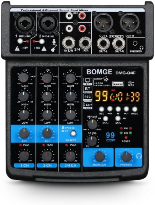 BOMGE-04F 4 Channel DJ Audio Sound Mixer, MP3/USB Bluetooth, Stereo Record/48V/16 DSP Echo Effects, Live Broadcast, Karaoke, Performance, Church Songs, Music Production BLACK-04F