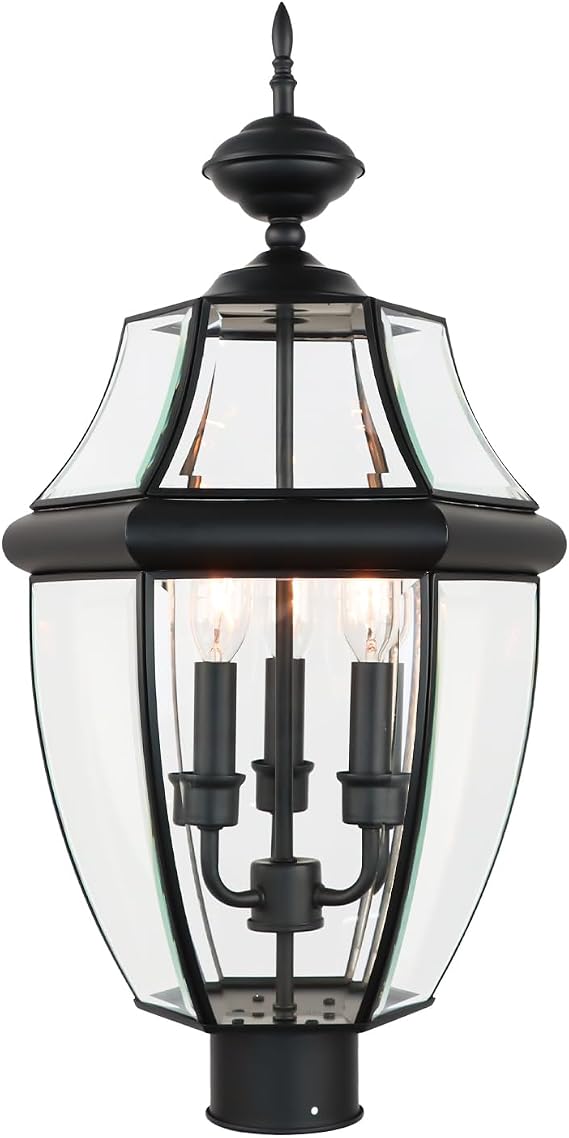 Kalium Outdoor Post Lights, 3 Light Lamp Post Light Fixture Hardwired with Clear Beveled Glass, 23" Large Waterproof Lamp Pillar Fixtures for Yard Pathway Porch Patio 60W Matte Black