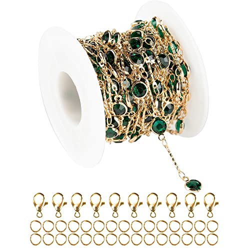 YOUBEIYEE 16.4 Feet Gold Plated Chain for Jewelry Making Charming Green Rhinestone Jewelry Chains Bulk for Necklace Bracelet DIY Brass Chains Roll