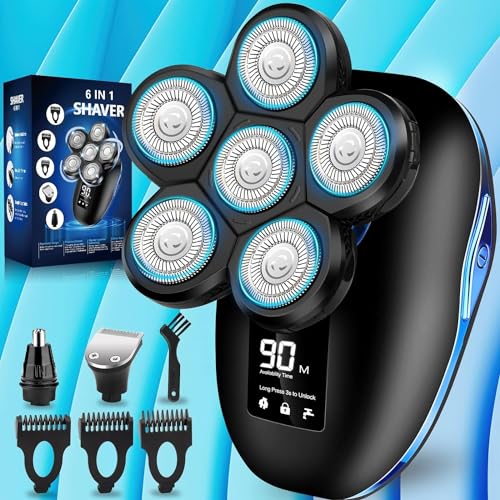 Electric Head Shaver for Bald Men, 6 in 1 Mens Electric Head Razor Bald Head Shaver Cordless Electric Razor Men, IPX7 WetDry Waterproof Skull Shaver with Head Shaver Kit LED Display Blue