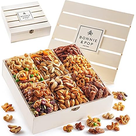 Nut Gift Basket | Healthy Gift of Assorted Nuts in Reusable Wood Crate | Large Variety Tray with Unique Flavors |Fathers Day, Parties, Holidays, Birthday, Sympathy, Office, Thank You, Him, Her | Bonnie & Pop