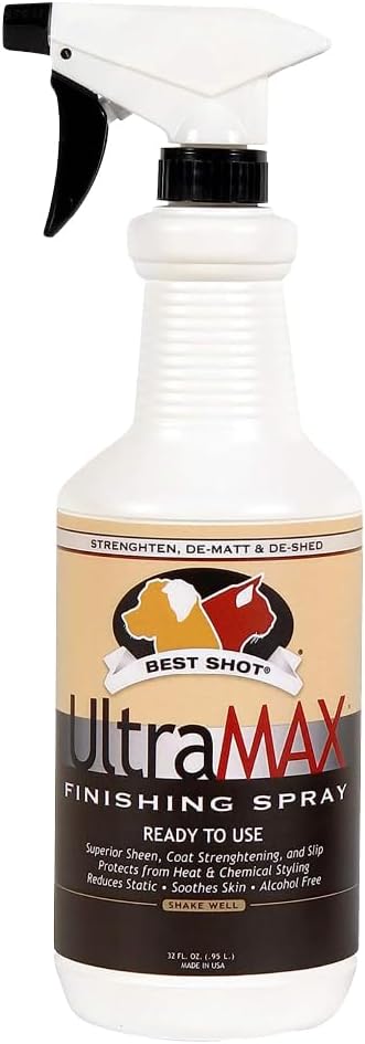 Best Shot UltraMAX Pro Finishing Spray, Ideal Detangler Spray for Pets, Hydrating and Soothing Pet Grooming Spray, for Dogs and Cats, 34 Oz. | Alcohol-Free Finishing and Detangler, Hydrates, Soothes Skin, Reduces Static and Speeds Drying. Safe for Dogs and Cats. 34 Oz