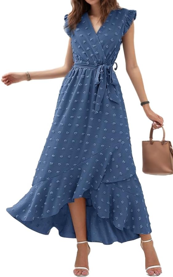 Gothden Womens 2025 Summer Wrap Maxi Dress Casual Boho V Neck Swiss Dot Dress Belted Ruffle Hem Split Beach Long Dresses