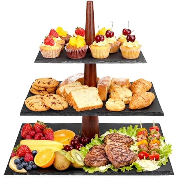 3 Tier Serving Tray Stand, Square Slate & Acacia Wood Tiered Display for Desserts, Appetizers, Cupcakes - Rustic Style for Weddings, Parties, Christmas