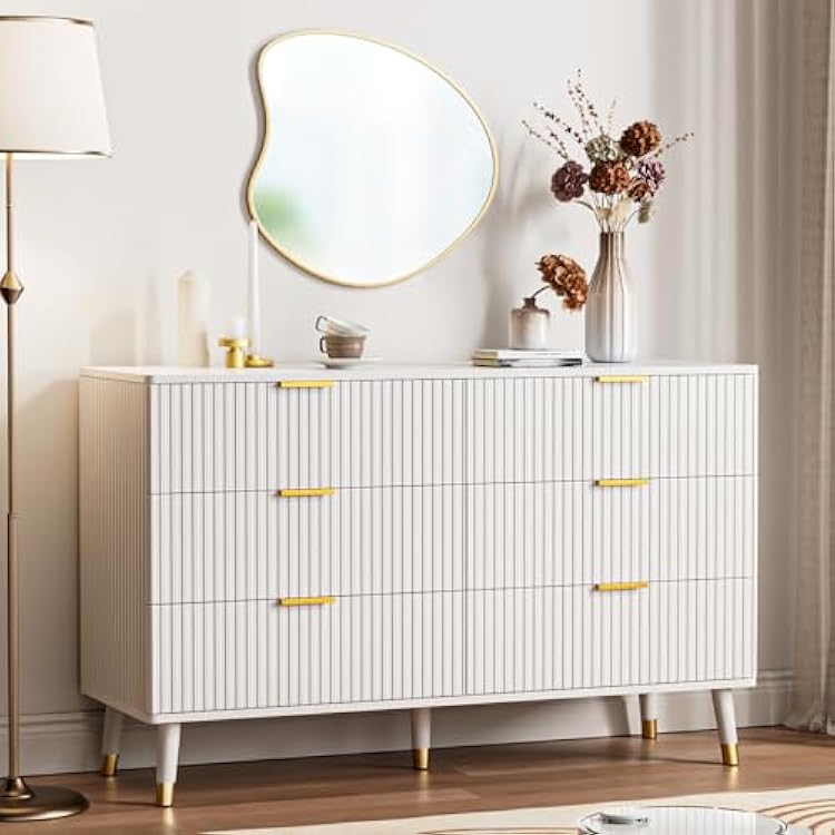 White Dresser for Bedroom, 6 Drawer Fluted White and Gold Dresser with Curved Profile Design, Modern Bedroom Dressers with Gold Handle, Dressers & Chests of Drawers