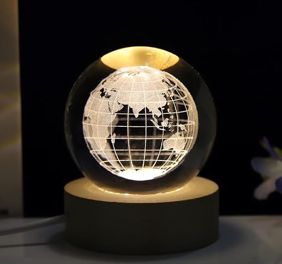 3D Crystal Ball Lamp with LED Light - Solar System Planet Moon Crystal Globe, Wooden Base Table Lamp for Home Decoration (Earth) [Energy Class A]