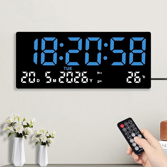 Large Digital Wall Clock, 15.5"LED Digital Wall Clock Powered by Cord with Remote Control, Seconds, Date, Week, Temperature, 2 Alarms, Wall & Desk Clock for Living Room, Kitchen, Garage (Blue)