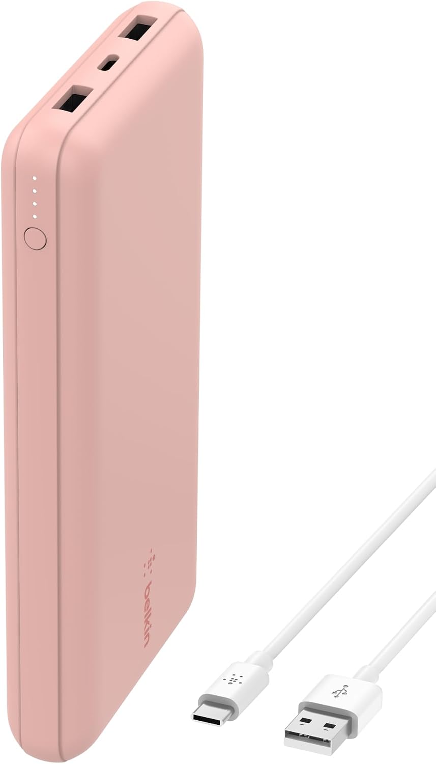 Belkin USB C Portable Charger 20000 mAh, USB Type C Input With Output Port 2 USB C - A Cable Included for 20K Power Bank 2 USB A Ports – Rose Gold