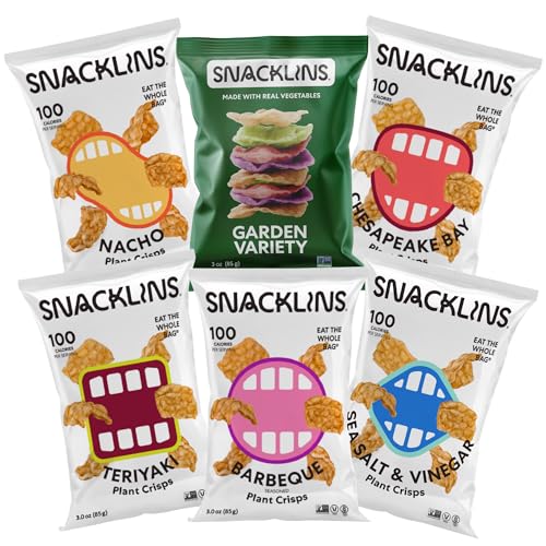SNACKLINS Plant Based Crisps | Vegan Healthy Snacks | Gluten Free, Grain Free Sugar, Free, Low Calorie, 100% Kosher for Passover, Crunchy, Puffed Snack | 6 Flavor Sampler Pack Full Size - 3oz, Flavor Sampler - 1 of each