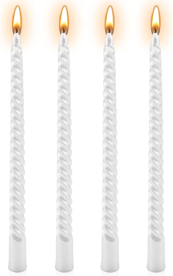 White Candles, 10'' White Taper Candles, Set of 4 Spiral Twisted Dinner Candles, Non-Drip 7 Hour Burn Time Unscented Decorative Candle Sticks for Valentine's Day Christmas Birthday Party Home Decor [Energy Class A+++]