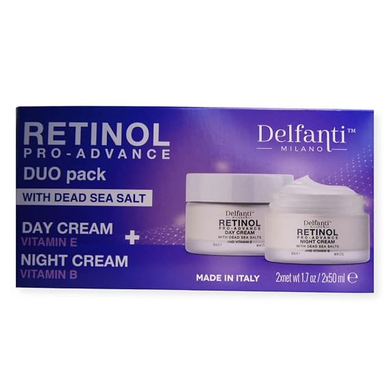 Delfanti-Milano RETINOL PRO-ADVANCE Anti-Aging DUO pack Day + Night Creams Face and Neck Moisturizers with Dead Sea Minerals and Vitamins E and B Made in Italy