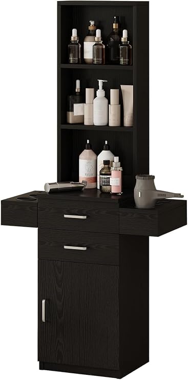 4ever2buy Salon Station for Hair Stylist, White Barber Hair Salon Station | Beauty Salon Spa Equipment with 2 Drawers & 1 Storage Cabinet, 3 Open Display Shelves, 6 Hair Dryer Holders for Hair Styling