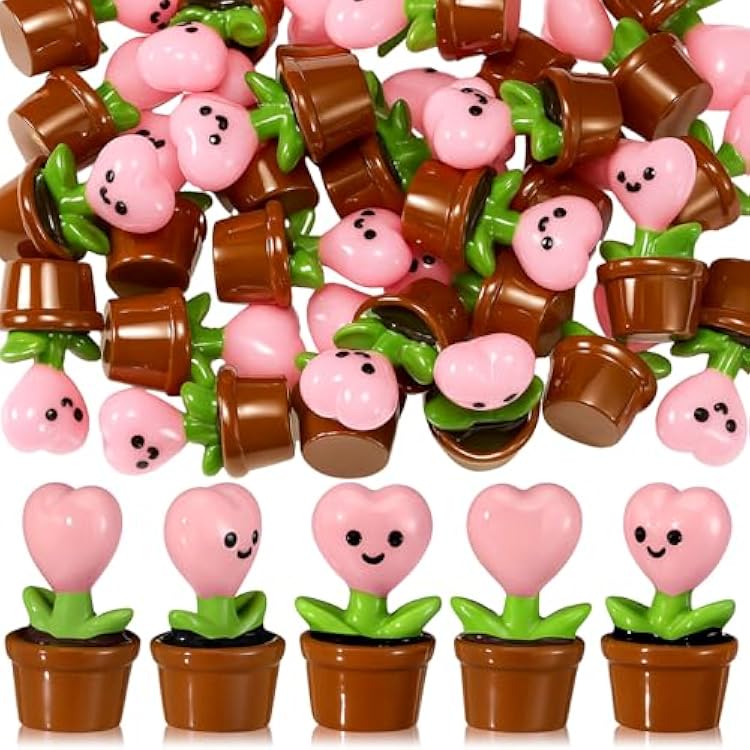 30 Pcs Mini Resin Flowers Samll Heart Statues Mini Resin Potted Heart Flower Statues for Birthday Desktop Decorations DIY Miniature Landscape Fairy Garden DecorPink