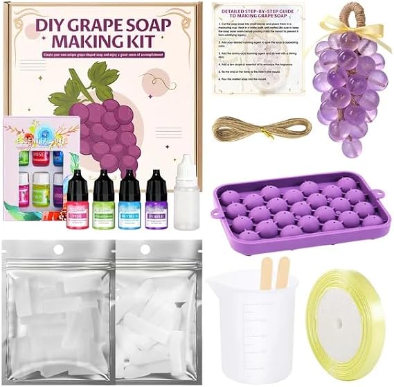 Soap Making Kit for Adults, Grape Soap Complete, Melt and Pour Soap Kit | Includes Soaps Base, Silicone Molds, Pigments and Essential Oils, DIY Melting and Pouring soap Making Kit