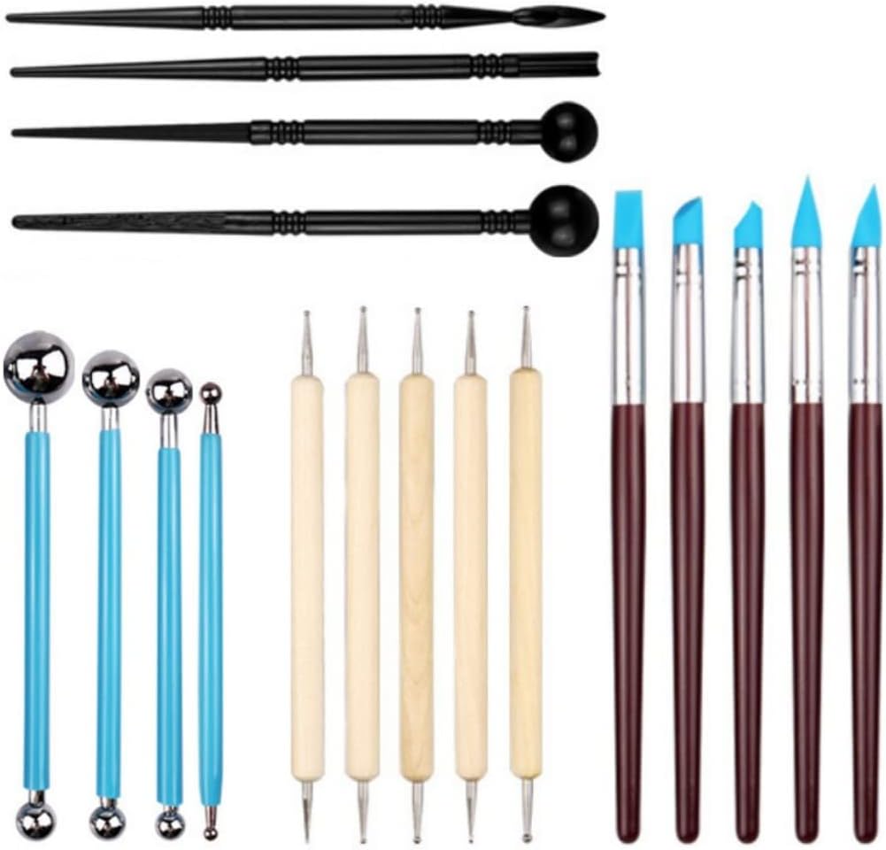 HappyHome Dough Carving Tools 18 Piece Set Dot Pens Clay Sticks Silicone Brushes Clay Crafting DIY Ceramics Beginners Kit