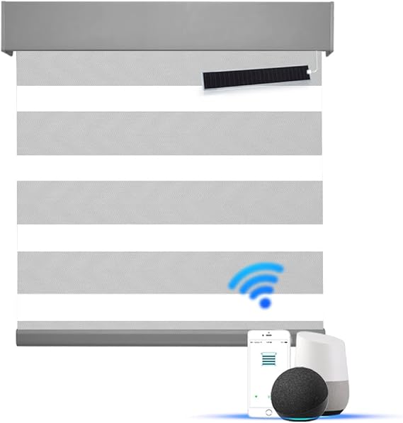 Motorized Blackout Zebra Blinds Shades Compatible with Alexa,Rechargeable Battery Day and Night Dual Layer Sheer Smart Blinds Shades with Valance,Customized Size (Grey)