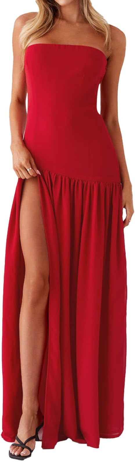 Women Tube Top Dress Tiger Stripe Mesh Patchwork Maxi Dress Strapless Sexy High Slit Long Dresses Beach Vacation