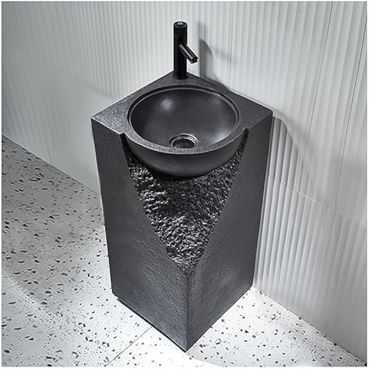 Small Pedestal Sink for Bathroom 34.4 Inch Tall Japandi Pedestal Bathroom Sink with Rounded Basin Stone Resin Freestanding Pedestal Lavatory Sink for Outdoor Indoor,Noble Black