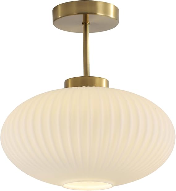 KCO Brass Gold Flush Mount Ceiling Light with 11.8 Oval White Glass Shade | E26 Base Hardwired, Mid Century Modern Large Semi Flush Light Fixture for Hallway Bedroom Bathroom Kitchen Stairway Closet