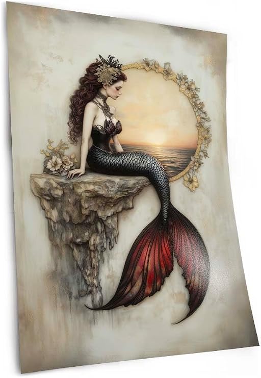 Moody Mermaid Fine Art Print - Fantasy Wall Decor, Siren Poster, Unframed Vintage-Themed Picture, Nautical Fairytale Illustration, Cute Gothic Art (4in x 6in)
