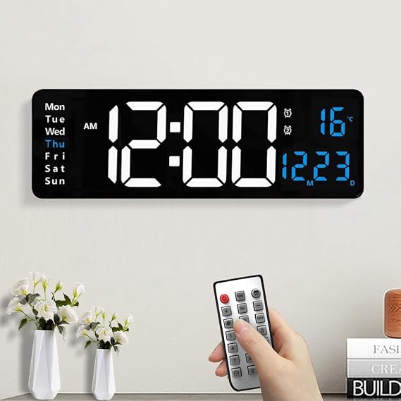 16" Large Digital Wall Clock, LED Digital Wall Clock with Remote Control, Date Week Temperature Display, 10-Level Dimmer, Dual Alarms, Wall Clock for Living Room Office Kitchen Gym (Blue)