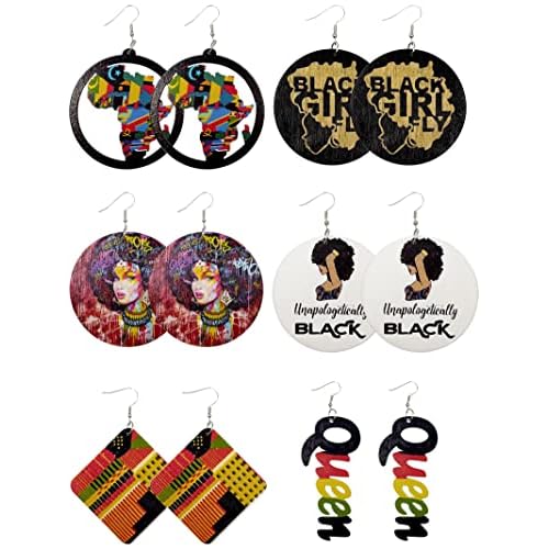 African Earrings for Women Wooden Round Map Painted Drop Earrings for Black Women Style-A, Wood