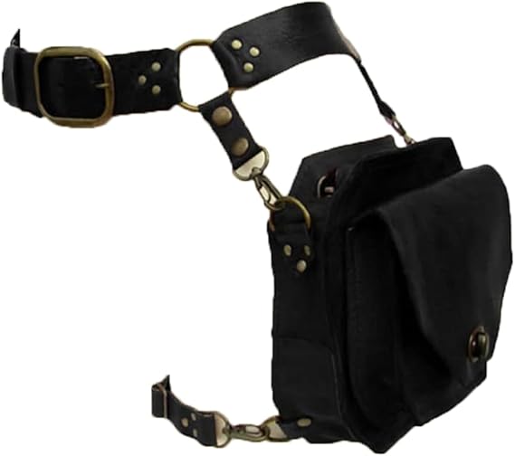 Renaissance Medieval Belt Satchel Pouch Bag Fanny Pack Gothic PU Leather Crossbody Messenger Bags Thigh Leg Hip Holster Purse Hiking Sport Chain Bags for Women Men (Black)