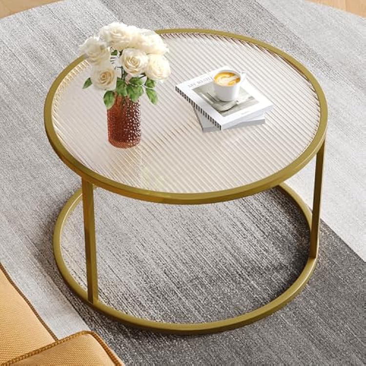 SAYGOER Modern Coffee Table Round Glass Coffee Tables for Large or Small Space Unique Art Center Table for Living Room Home Office with Gold Metal Frame, Easy Assembly
