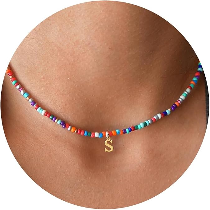 Yoosteel Colorful Beaded Initial Necklace for Girls Kids Teen Girl Gifts | Boho Initial Necklace, Cute Choker Letter Necklace for Girls Women, Kids Jewelry for Girls, Back to School Birthday Gifts