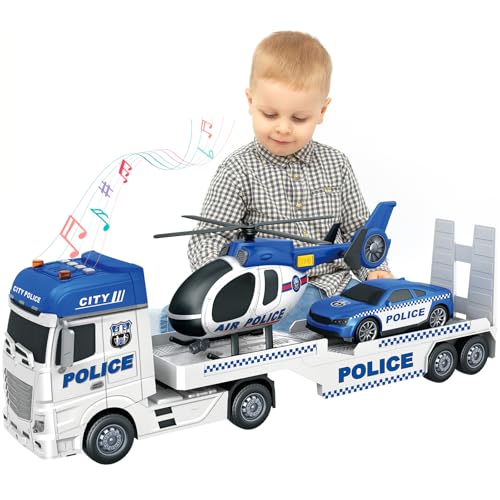 3-in-1 Police Truck Toys for Kids Ages 3-6 25.6 Inch Extra-Large Inertia Semi Trailer with Lights & Sounds, Detachable Light & Sound Helicopter and Police Car