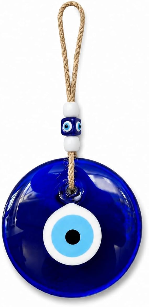Evil Eye Wall Hanging, 1 Pc Blue Nazar Style Hanging Decoration, Round Glass-Style Eye Ornament with Rope for Door, Window, Wall, Office, Balcony, Garden Room and Boho Home Decor