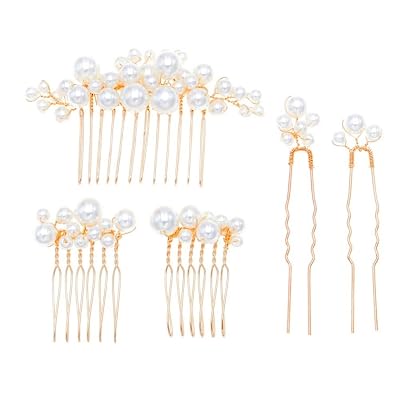 Pearl Hair Accessories Set, 3 Combs and 2 Hairpins, Rose Gold