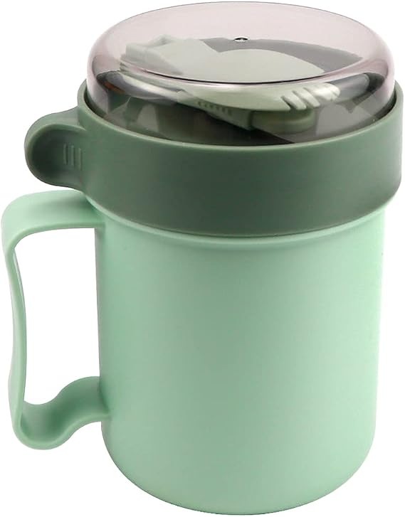Microwaveable Breakfast Cup with Lid and Spoon,500ml Portable Soup Mug with Handles for School Office Outdoor Travel (Green)
