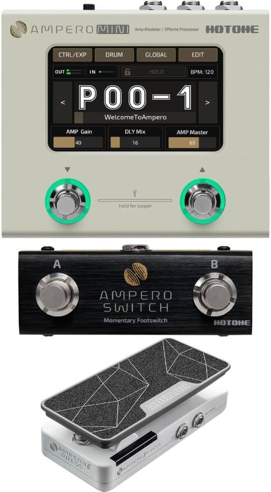 HOTONE Ampero Mini MP50VN and Ampero FS-1 Dual Footswitch and Ampero II Press Passive Switching/Expression Pedal Bundle - Guitar Multi Effects Processor Touch Screen Modeling IR Cabinets